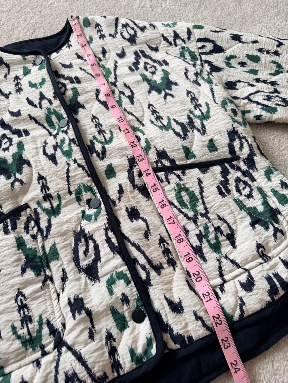 Zara Printed Quilted Jacket Cream Green Navy Contrast Trim Women’s Size S - Picture 5 of 6